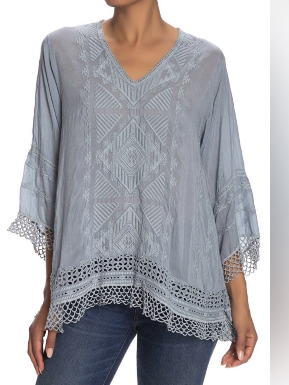 Johnny Was Embroidered RENEE Crochet Lace Trim Tunic Blouse